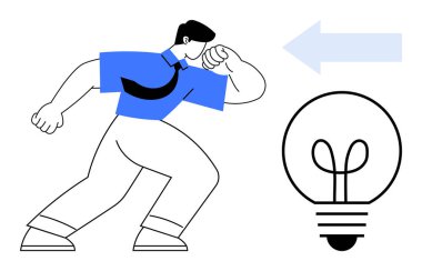 Elinde ok olan bir ampule doğru adım atan kişi, yaratıcılığı, büyümeyi ve çözümleri vurguluyor. Yenilik için ideal, hedefler, ilerleme, liderlik, strateji ilham düzlüğü