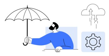 Adam açık bir şemsiye tutuyor, yağmurdan korunuyor ve bulutlarla temsil ediliyor. Vites simgesi araçları ya da çözümleri sembolize eder. Güvenlik, koruma, yenilik, planlama, güvenilirlik ve teknoloji için ideal