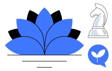 Büyümeyi sembolize eden mavi taç yaprakları strateji için beyaz satranç şövalyesi ve sürdürülebilirliği ve sohbeti simgeleyen konuşma baloncuğundaki yaprak. Yenilik, planlama, liderlik, takım çalışması için ideal