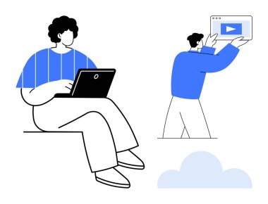 Yaratıcı işlerde işbirliği yapan iki kişi. Biri dizüstü bilgisayarda çalışırken, diğeri bir video arayüzü sergiliyor. İşbirliği, yaratıcılık, uzak çalışma, teknoloji, eğitim ve medya için ideal