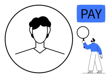 Yuvarlak çerçeveli minimal yüz hatları, maviler içinde boş tabela tutan şahıs, maviler içinde Ödeme düğmesi. Ödeme sistemi, kullanıcı arayüzü, profil ayarları, kimlik, finans, basitlik için ideal