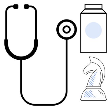 Siyah steteskop, beyaz süt kutusu ve minimalist düz stil satranç şövalyesi. Sağlık, beslenme, strateji, eğitim ve karar verme sağlığı için ideal. Düz basit metafor