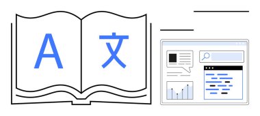 A ve yabancı bir karakterin bulunduğu kitabı çeviri, çizelge ve metin modülleri için dijital arayüzün yanında aç. Çeviri, öğrenme, eğitim, iletişim, dijital araçlar için ideal