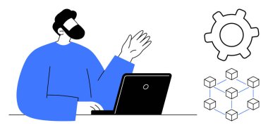 Bilgisayarda çalışan biri, çarkıfelek ve engelleme diyagramı olan elini kaldırıyor. İşbirliği, engelleme zinciri, teknoloji, bilişim, ağ, sistem yönetimi dijital süreçleri için idealdir. Düz basit