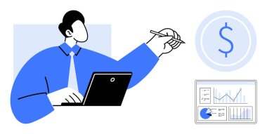 Dizüstü bilgisayarda çalışan profesyonel bir iş adamı, finansal sembollere ve tablolara işaret ediyor. Finansal planlama, analitik, iş stratejisi, yatırım, danışmanlık, başlangıç için ideal