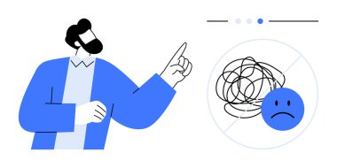 Çemberin içinde üzgün bir yüzle birbirine dolanmış çizgilere işaret eden adam kaosu ya da karmaşayı temsil ediyor. Ruh sağlığı, problem çözme, karar verme, stres yönetimi, terapi, duygusal