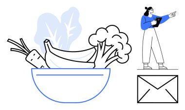 İçinde muz, brokoli, havuç ve tablet tutan kadın figürünün bulunduğu bir kâse. Beslenme, sağlık, sağlıklı yaşam tarzı, görev yönetimi, eğitim gıda endüstrisi için ideal