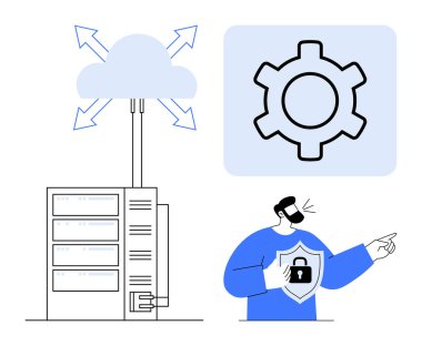 Yön okları olan bir bulut sunucusu, güvenlik kilidi olan bir kalkan ayarlar için dişli simgesi ve işaret eden biri. Bulut hesaplama, siber güvenlik, bilişim yönetimi ve yazılım optimizasyonu için ideal