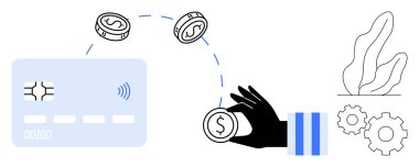 Kredi kartı, el ele tutuşan madeni paralar, uçan paralar ve vitesler mali işlemleri, para transferini ve fintech 'i sembolize eder. Finans, bankacılık, e-ticaret ödeme sistemleri tasarruf teknolojisi için ideal