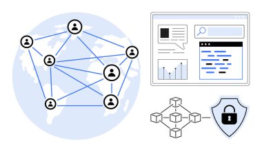 Dijital küresel bir ağ, blok zinciri yapısı, güvenli veri ve analitik üzerinden birbirine bağlı insanlar. Teknoloji, güvenlik, bağlantı, engelleme zinciri, takım çalışması sade iniş sayfası için ideal