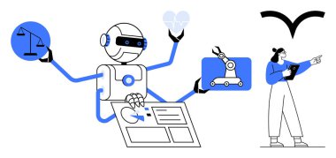 Birden fazla kolu olan robot adalet ölçeğini, kalbi, robot kolu ve dokunmatik ekranı tutuyor. Tabletli kadın. Teknoloji, yapay zeka uygulamaları, yenilik, etik işbirliği otomasyonu için ideal