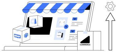 Laptop ekranında ürün listeleri, alışveriş arabaları ve teslimat kutuları olan bir e-ticaret mağazası var. Dişliler ve yukarı doğru ok büyümeyi ve optimizasyonu simgeler. Çevrimiçi alışveriş ve e-ticaret için ideal