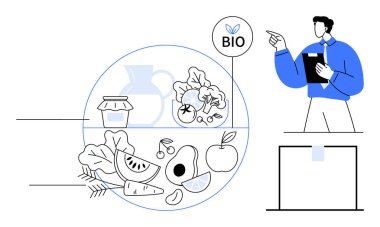 Avokado, brokoli, elma ve biyolojik sertifika rozeti ile organik gıda avantajlarını açıklayan profesyonel bir açıklama. Beslenme, eko-tarım, sağlıklı beslenme, eğitim, sertifika sürdürülebilirliği için ideal
