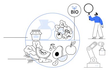 Taze meyve, sebze ve organik ürünler bir çemberde biyolojik bir ikon, bir tabela tutan işçi, ve robot makineler. Tarım, sürdürülebilirlik, sağlık, otomasyon çevre dostu için ideal