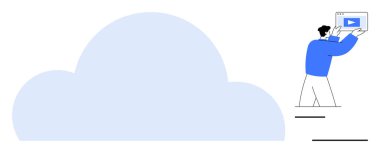 Büyük bir bulut sembolünün yanında duran, çalma düğmeli bir alet tutan adam. Teknoloji, bulut depolama, veri paylaşımı, çevrimiçi hizmetler, uzaktan erişim, içerik yönetimi, basit iniş sayfası için ideal