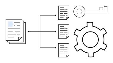 Çoklu dosyalara, anahtar simgesine ve veri organizasyonunu, erişim kontrolünü, iş akışı optimizasyonunu temsil eden çarka bağlı belge yığını. Veri stratejisi, dosya paylaşımı ve sistem için ideal