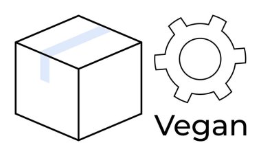 Vegan metninin yanında küp paketi ve teçhizatı sürdürülebilirliği, etik üretimi, minimalizmi ve teknoloji entegrasyonunu sembolize eder. Paketleme, vegan ürünler, sürdürülebilirlik, çevre dostu tasarım için ideal