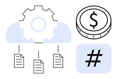 Bulutların üstünde dosyalar, dolar işareti ve meta veri etiketi. Finans, veri yönetimi, teknoloji, bulut hesaplama, strateji, otomasyon için ideal basit iniş sayfası