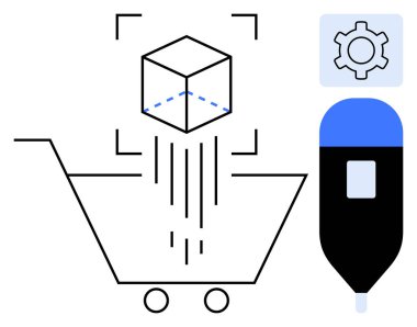 Ürün özelleştirmesini sembolize eden 3D küplü alışveriş arabası ayarlamaları temsil eden bir araç ve ayarlar için bir çark. E-ticaret, 3D baskı, kişiselleştirme ve imalat için ideal