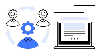 Dişliler tarafından temsil edilen profesyoneller dairesel iş akışında bir dizüstü bilgisayarın yanında arayüz tasarımına sahipler. Takım çalışması, otomasyon, proje yönetimi, üretkenlik, iletişim için ideal
