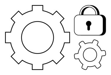Güvenlik, optimizasyon ve bütünleşmeyi vurgulayan asma kilidi olan büyük ve küçük dişli dişliler. Teknoloji, siber güvenlik, sistem ayarları, veri koruması, süreç yeniliği, teknik