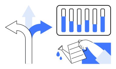 Seçenekleri gösteren oklar, testi temsil eden laboratuvar tüpleri ve el sulama kararları, deneyleri ve büyümeyi sembolize eder. İş stratejisi, yenilik, araştırma ve geliştirme için ideal