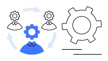 Ekip üyeleri yukarıdaki dişlilerle birbirine bağlı, işbirliğini, iş akışını ve optimizasyonu sembolize ediyorlar. Takım çalışması, iş stratejisi, verimlilik, yenilik ve işbirliği projesi için ideal