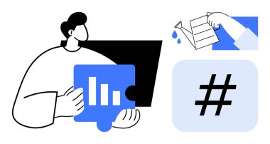 Büyüme grafiği olan bir yapboz parçası tutan kişi, tohum fikirlerine su döken kişi ve meta veri bloğu. Yenilik için ideal, veri analizi, takım çalışması, yaratıcılık, pazarlama, sosyal medya