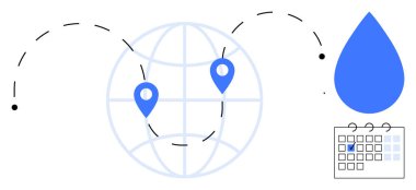 Konum iğneleri, su damlası ve işaretli takvimi olan dünya suyun korunmasını ön plana çıkarıyor. Sürdürülebilirlik, kaynak planlaması, zamanlama, lojistik, izleme, ekolojik farkındalık düzlüğü için ideal