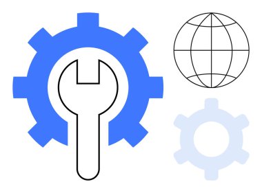 Küresel teknik servisleri, sistem optimizasyonunu ve onarımını temsil eden ingiliz anahtarı ve dünya ana hatlarıyla donanım. Destek, mühendislik, teknoloji, geliştirme, araçlar, yenilik düzlüğü için ideal