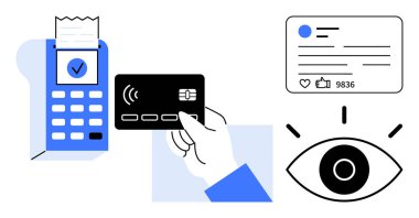 Elinde bir ödeme terminali, sosyal medya tebligatı ve bir göz ikonu olan bir banka kartı var. Finans, teknoloji, e-ticaret, pazarlama, mahremiyet, kullanıcı etkileşimi basit iniş için ideal