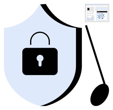Koruma simgesini temsil eden kalkanlar, büyüteç denetleme web sitesi arayüzü. Siber güvenlik, gizlilik, çevrimiçi güvenlik, veri koruması, şifreleme, risk yönetimi için ideal