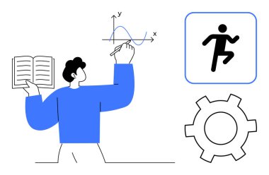 Elinizde kitap ve çizim grafiği, atlet simgesi ve büyüme, analiz, hareket ve işlem optimizasyonunu taşıyan vites sembolü var. Eğitim, kendini geliştirme, bilim sporları verimliliği için ideal