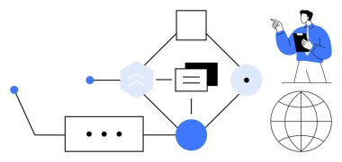 Bir iş akışı oluşturan birbirine bağlı şekillerin görsel görüntüsü, pano tutan kişi ve dünya temsilcisi. Teknoloji, ağ oluşturma, proje planlaması, küresel erişim, yenilik, veri analizi için ideal