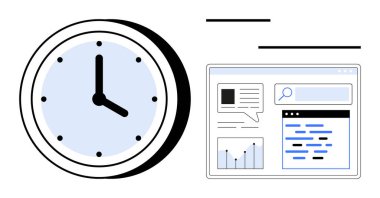 Metin, çizelge ve arama çubuğunu gösteren dijital bir panelin yanında analog saat. Üretkenlik, zaman takibi, analitik, raporlama, planlama, basit iniş sayfaları için ideal