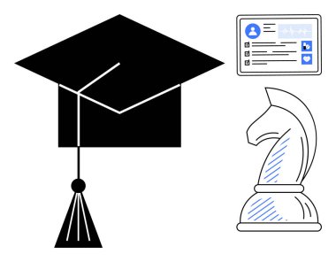 Mezuniyet başlığı, satranç taşı ve profil ekranı büyüme, strateji, eğitim ve başarıları gösteriyor. Öğrenme, kariyer rehberliği, karar verme ve gelecek planlama zekası için ideal.