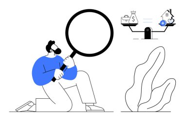 Büyüteçle diz çöküp para ve hedefleri dengeleyen bir terazi analiz eden bir adam. Finansal planlama, karar verme, iş hayatı dengesi, kişisel büyüme, kariyer odaklanması, stratejik