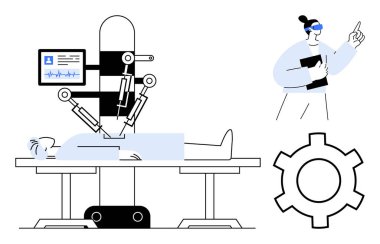 Mekanik kollarıyla bir hastayı ameliyat eden robot destekli bir ameliyat. Yakınlarda bir doktor var. Sağlık, yenilik, otomasyon, yapay zeka teknolojisi, gelecekteki tıp kavramları, robotik, basit