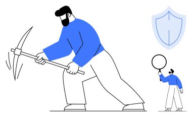 Kazma sallayan bir madenci, büyüteçle kalkanı denetleyen başka bir figür. Siber güvenlik, veri koruması, madencilik, analiz, dijital güvenlik, araştırma, basit iniş sayfası için ideal