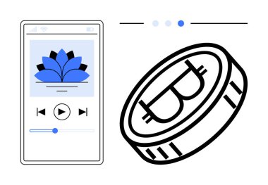 Mavi nilüfer ikonlu müzik çalan akıllı telefon ekranı, kripto para, ilerleme çubuğu, çalma kontrolleri. Finans, teknoloji, dijital ödemeler, müzik uygulamaları, çoklu görev yeniliği için ideal