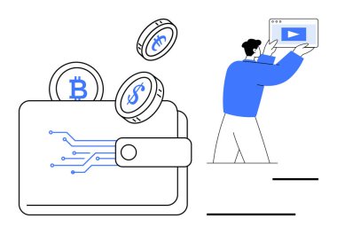 İçinde Bitcoin, dolar ve dijital finansı sembolize eden engelleme paraları olan cüzdan, içeriği temsil eden kişi. Fintech, kripto para birimi, blok zinciri, yatırım, teknoloji sunumu için ideal basit