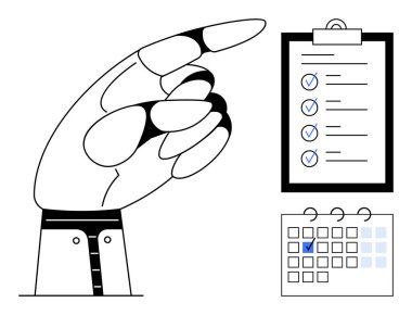 Robotik el hareketleri kontrol listesi ve takvimi sembolize eder, organizasyonu, verimliliği, hedef belirleme, görev öncelikleri, verimlilik, planlama stratejileri ve teslim tarihlerini sembolize eder. İş akışı için ideal