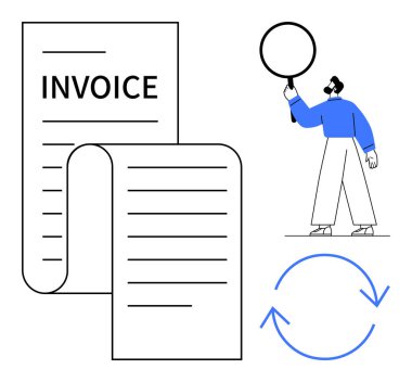 Fatura belgesi, büyüteç tutan kişi, tekrar eden işlemler için ilmekli oklar. Fatura, mali inceleme, otomasyon, ödeme işlemleri, gider yönetimi, nakit akışı için ideal