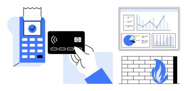 Faturalı ödeme terminali, bağlantısız bir kartı tutan bir el, veri analiz paneli ve güvenlik duvarı. Finans, güvenlik, fintech, analitik, veri koruması için ideal basit bir e-ticaret
