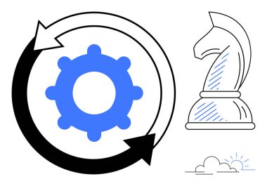 Oklarla çevrelenmiş dişliler süreç optimizasyonunu sembolize ederken, satranç şövalyesi stratejik düşünmeyi simgeler. Yönetim, yenilik, karar verme, liderlik, planlama ve teknoloji için ideal