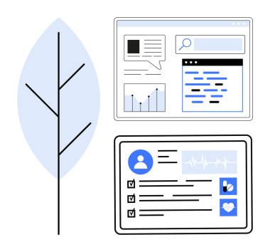 Bilgisayar ekranları basit bir yaprak illüstrasyonunun yanında veri grafikleri, analitikler, sağlık kayıtları ve kullanıcı etkileşimi unsurları sunar. Teknoloji, sağlık, çevre ve dijital kavramlar için ideal