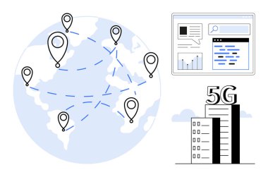 Birbirine bağlı konumlara sahip dünya haritası, 5G bina simgesi ve analitik gösterge paneli. İletişim için ideal, küresel veri, yenilik, teknoloji, gelecek, yapay zeka basit iniş sayfası