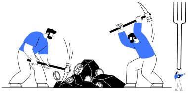 İki işçi koordineli çabayla kazma ve balyozla taş kırıyor. Takım çalışması, emek, ilerleme, el işi, kaynak toplama, problem çözme, basit iniş sayfası için ideal