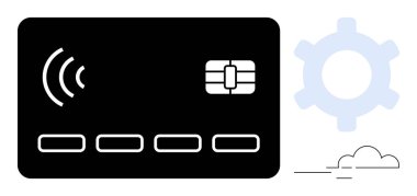 Kredi kartında çip, iletişim sinyali, minimalist ekipman ve bulut var. Fintech, güvenlik, ödeme, teknoloji, yenilik bankacılık dijital ekonomisi için idealdir. Düz basit metafor
