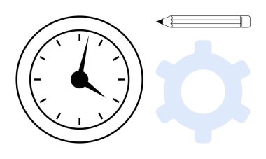 Analog saat, kalem ve teçhizat üretkenliği, zaman yönetimini, yaratıcılığı ve süreçleri temsil eder. Planlama, verimlilik tasarım organizasyonu iş akışı için ideal. Düz basit metafor